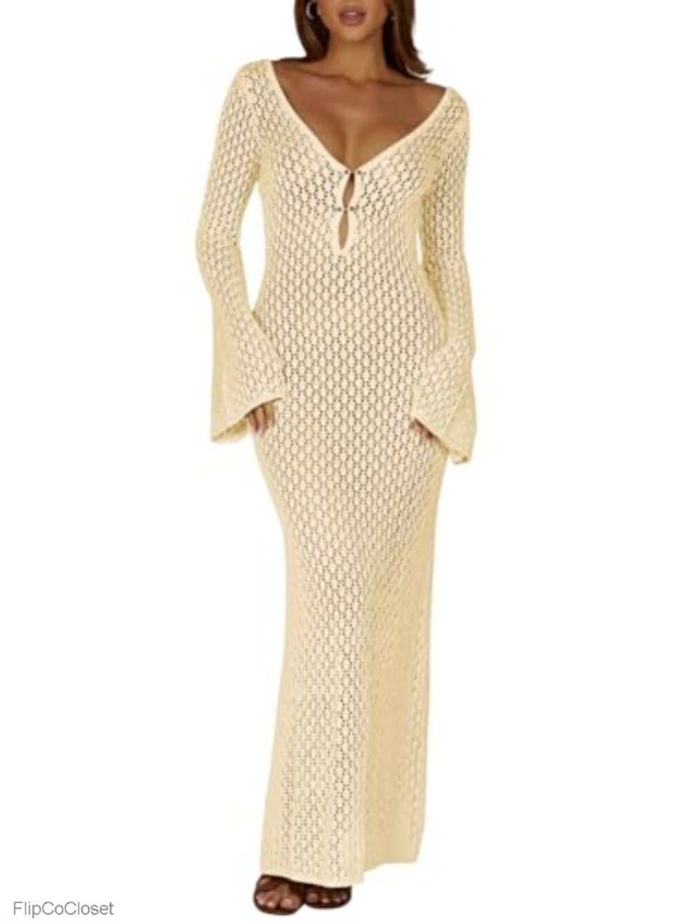 Crochet Maxi Cover Up Dress Long Sleeve V-Neck Sheer Bodycon Beach Vacation